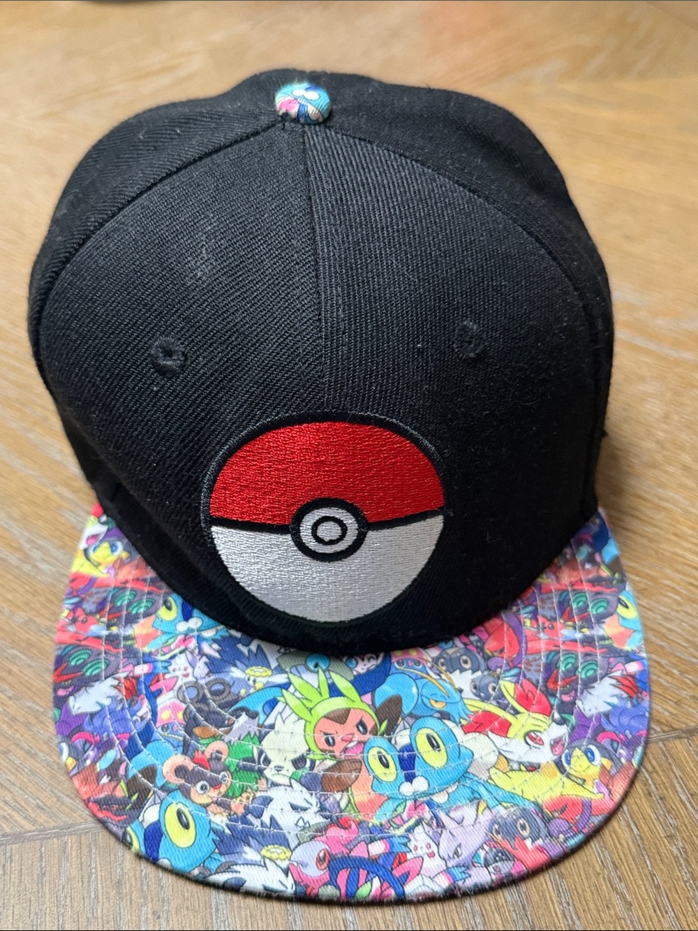 Black Snapback Hat with Poké Ball Patch and Colorful Pokemon Brim